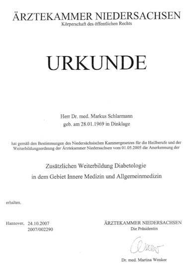 Urkunde: 24.10.2007 · Zusatzbezeichnung Diabetologie